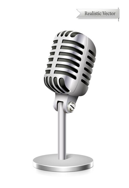 icono realista. Micrófono en la pierna, aislado sobre fondo blanco. Concepto de sonido y música.