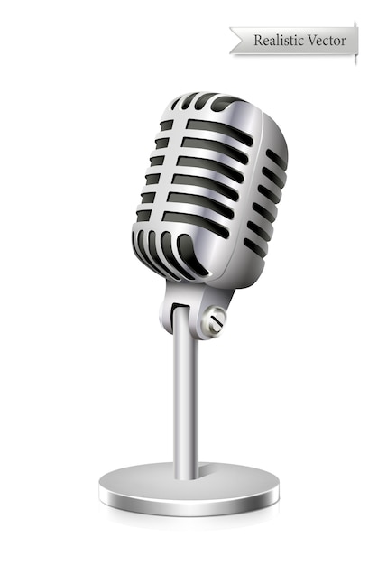 icono realista. Micrófono en la pierna, aislado sobre fondo blanco. Concepto de sonido y música.