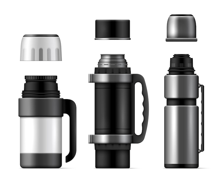 Vector gratuito el icono realista de la taza de termo establece tres termos de diferentes tamaños con ilustraciones vectoriales de tapas de apertura