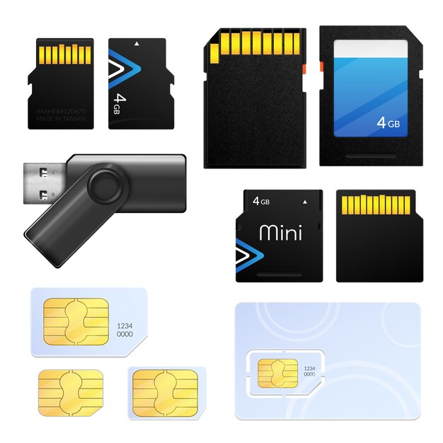 Icono de sim de tarjeta de memoria realista aislado con diferentes tipos de tecnología diferente