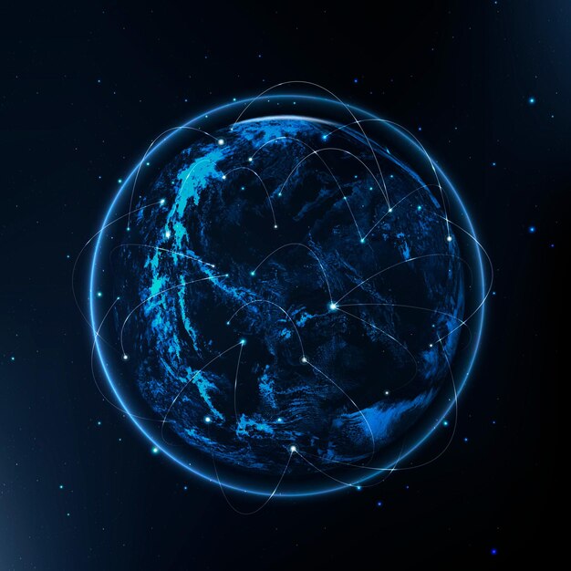 Icono de tecnología de red global en azul sobre fondo degradado