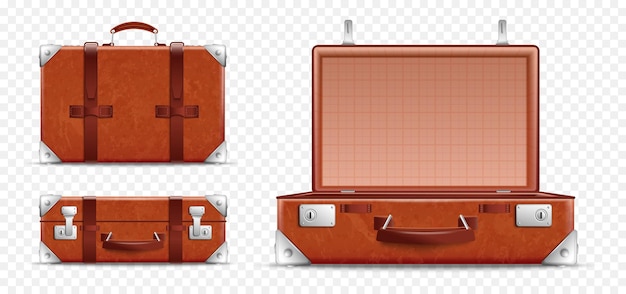 Icono transparente de equipaje de viaje retro realista establecido desde tres ángulos en la ilustración de vector de fondo transparente