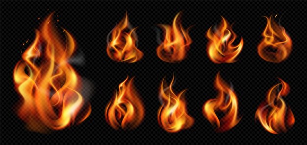 El icono transparente de fuego de llama realista establece nueve mini incendios aislados en la ilustración de vector de fondo oscuro