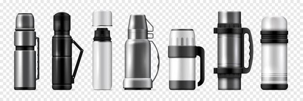 El icono transparente termo realista establece varios termos grandes y pequeños, blanco, negro y gris, ilustración vectorial