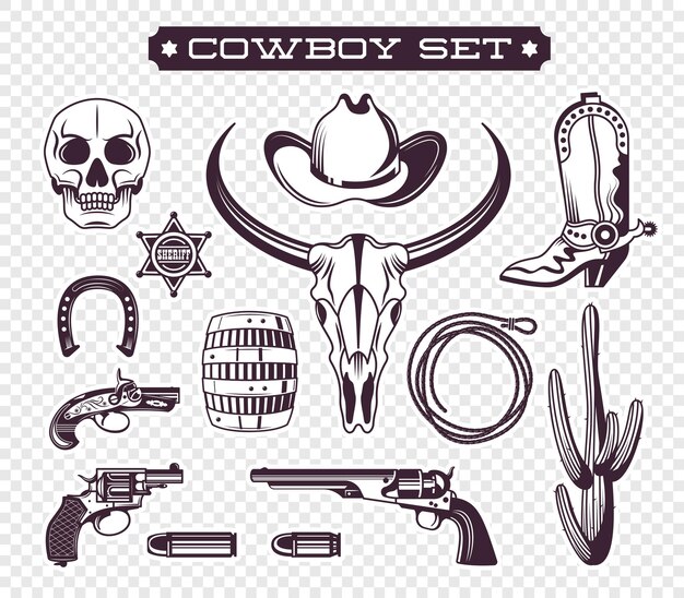 Icono de vaquero con símbolos occidentales aislados de color negro en la ilustración de vector de fondo transparente