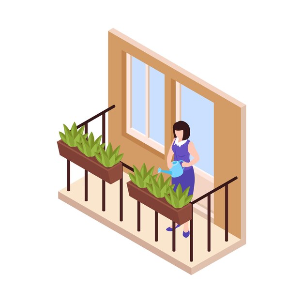 Icono de vecino isométrico con mujer regando plantas verdes en su ilustración de vector de balcón