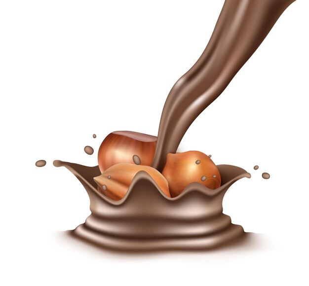 Icono de vector de chocolate derretido splash con avellanas dentro de verter chocolate líquido aislado en wh