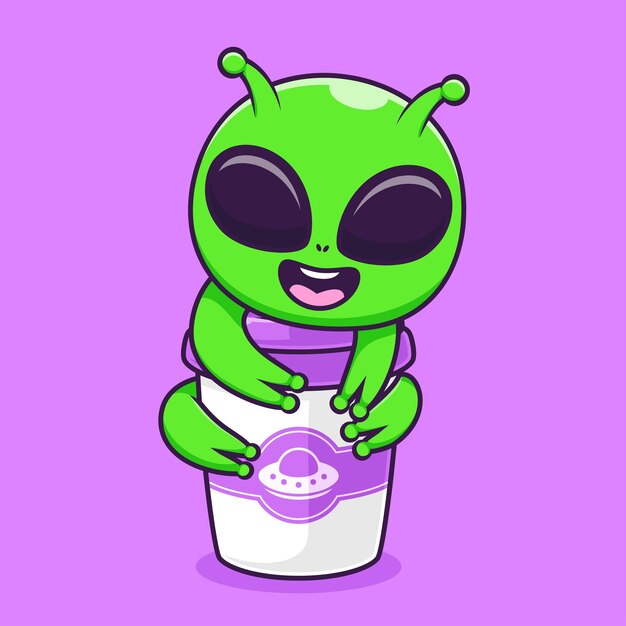 El icono del vector de dibujos animados de la taza de café Cute Alien Hug Ilustración de la ciencia del icono de la bebida Vector plano aislado