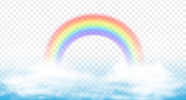 Icono de vector realista. Arco iris de colores en las nubes blancas.