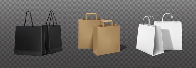 icono de vector realista Bolsas de compras de cartón blanco negro y marrón aisladas en respaldo transparente
