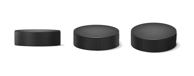 icono de vector realista. Conjunto de disco de hockey aislado sobre fondo blanco si vista frontal, lateral y superior.