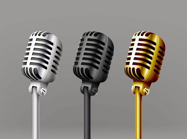 icono de vector realista. Conjunto de micrófonos de música, estilo antiguo vintage en plata, negro y oro. isla