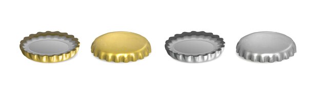 icono de vector realista Conjunto de oro y plata de tapas de cerveza en vista superior e inferior Aislado en blanco