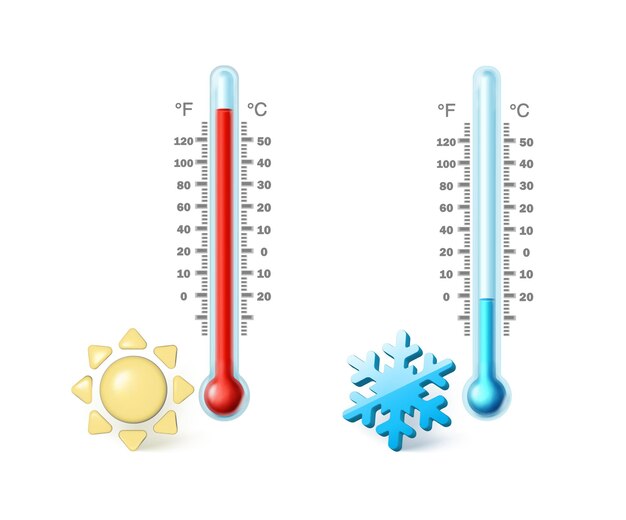 Icono de vector realista de estilo de dibujos animados. Termómetro frío y caliente con icono de sol y copo de nieve, dibujos animados s