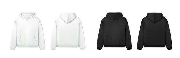 icono de vector realista Sudadera con capucha en blanco y negro Sudadera de hombre en la vista frontal y lateral