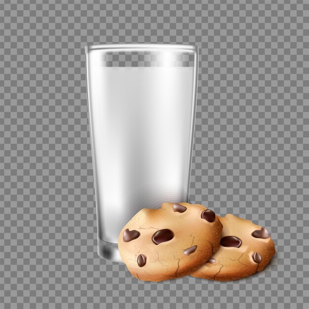 Icono de vector realista Vaso de leche con galletas de mantequilla de chocolate