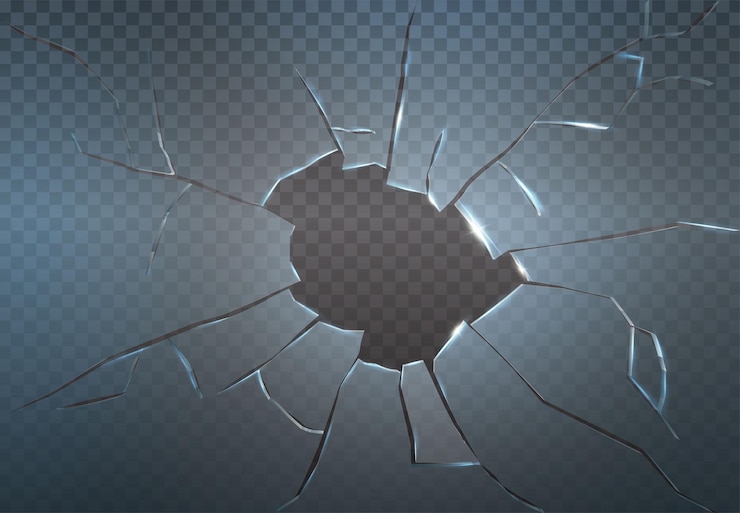 Vector gratuito icono de vector realista vidrio roto agujero de pistola agrietado con piezas rotas aislado sobre fondo transparente