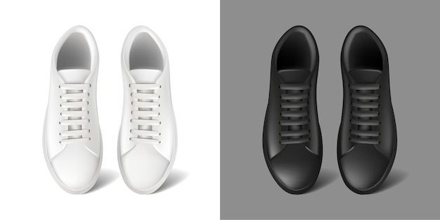 Icono de vector realista Zapatillas deportivas blancas y negras con encaje Calzado deportivo