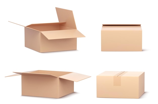 Icono vectorial de caja de cartón de entrega vacía abierta en 3d Paquete de paquete marrón aislado para tienda o almacén Renderización realista del conjunto de contenedores de productos de papel Cierre y cinta Maqueta de almacenamiento de reciclaje logístico