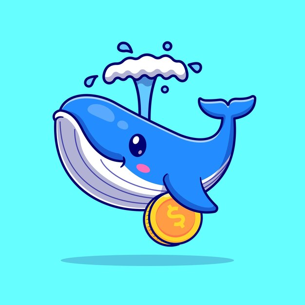 Icono vectorial de dibujos animados con una ballena linda sosteniendo una moneda de oro Ilustración Icono de finanzas animales aislado plano