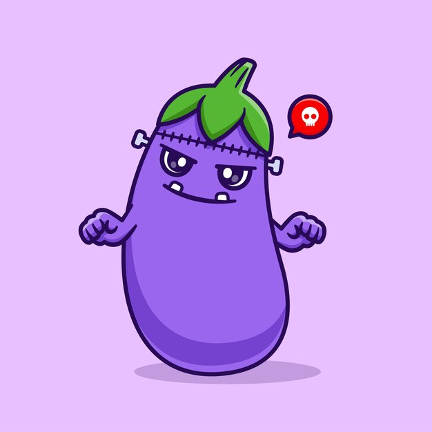 El icono vectorial de dibujos animados de la berenjena Frankenstein Ilustración de alimentos Icono de vacaciones Vector plano aislado