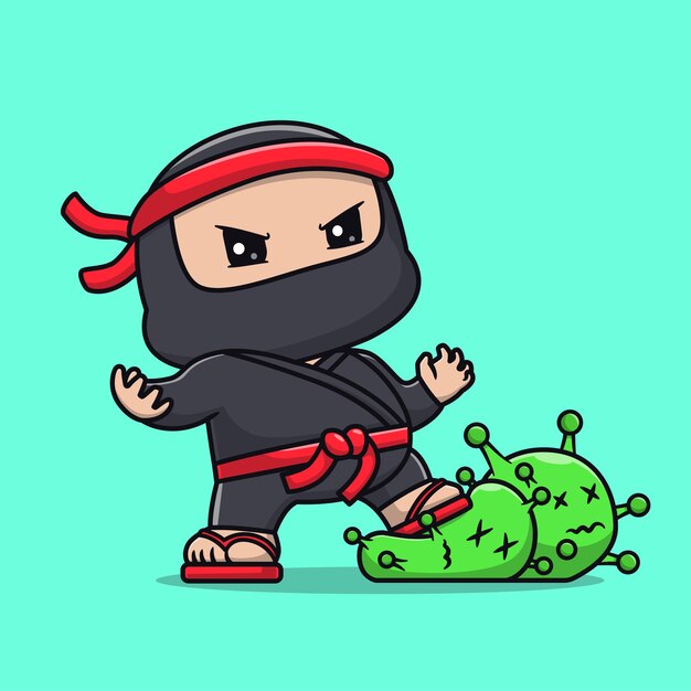 El icono vectorial de dibujos animados de Cute Ninja Kill Virus Ilustración de la gente Icono de vacaciones Vector plano aislado