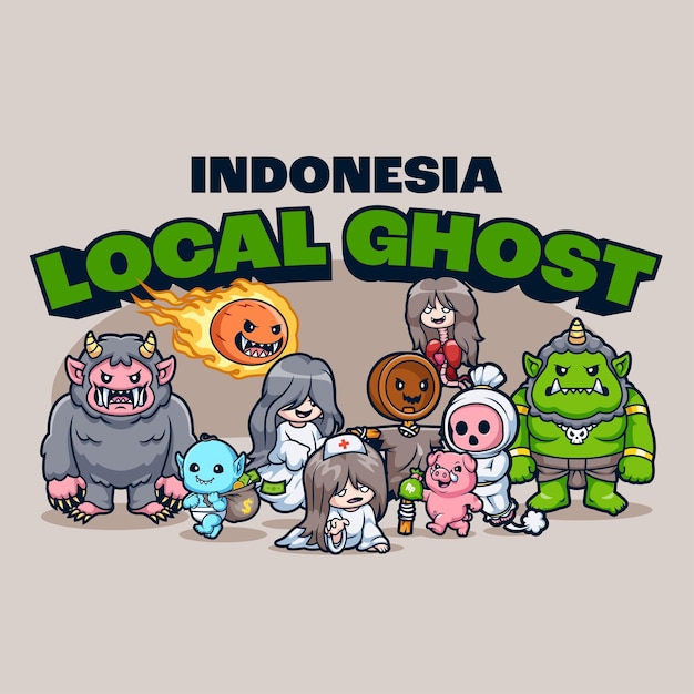 Vector gratuito el icono vectorial de dibujos animados de fantasmas locales de indonesia, la ilustración de la gente, el icono de vacaciones, el piso aislado.