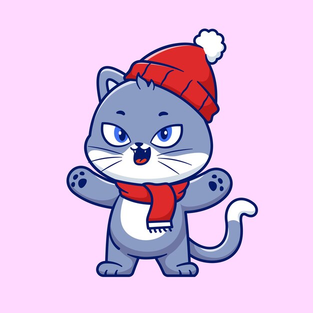 Icono vectorial de dibujos animados de invierno de gato lindo Ilustración de animales Icono de vacaciones Vector plano aislado
