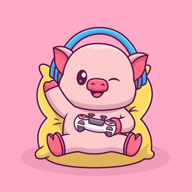 Icono vectorial de dibujos animados de juego de cerdos lindo Ilustración Icono de tecnología animal Vector plano aislado
