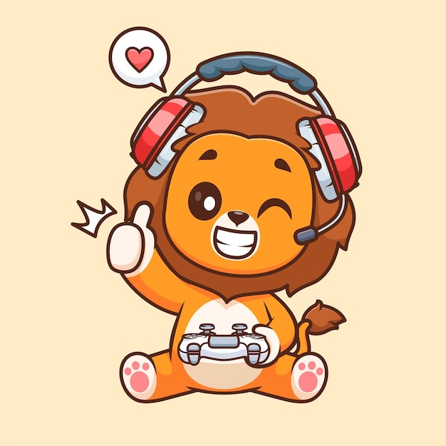 Icono vectorial de dibujos animados de juego de león lindo Ilustración de tecnología de animales Icono concepto aislado Premium V