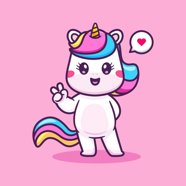 El icono vectorial de dibujos animados de la mano de la paz del unicornio lindo Ilustración del icono de la naturaleza animal Vector plano aislado