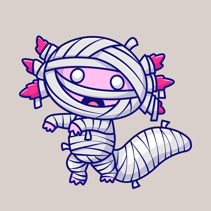 Vector gratuito icono vectorial de dibujos animados de la momia axolotl animales ilustración icono de halloween icono plano aislado