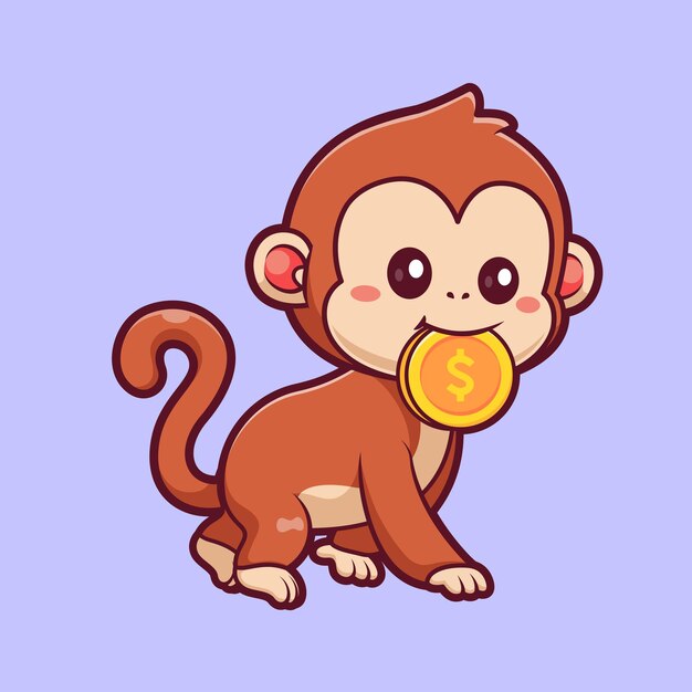 El icono vectorial de dibujos animados de la moneda de oro Cute Monkey Bite El icono de finanzas animales aislado es plano