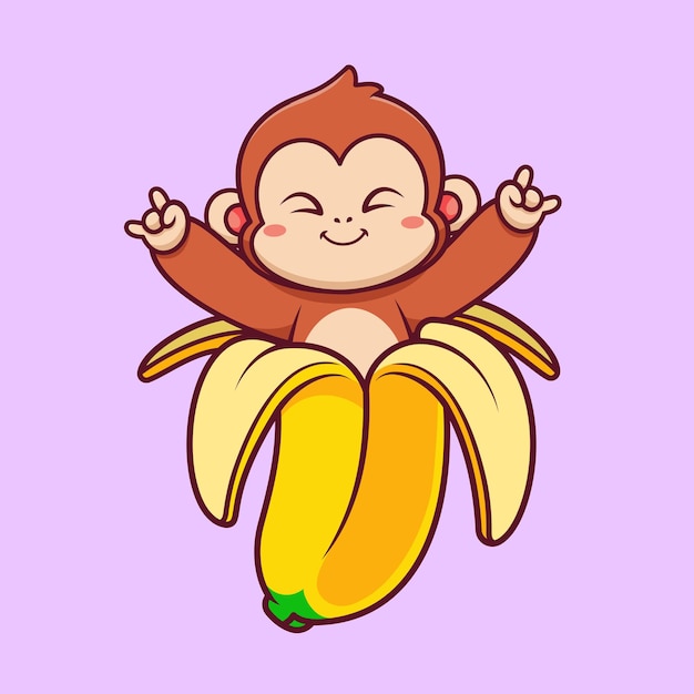 Vector gratuito icono vectorial de dibujos animados de mono lindo en plátano ilustración icono de comida para animales vector plano aislado