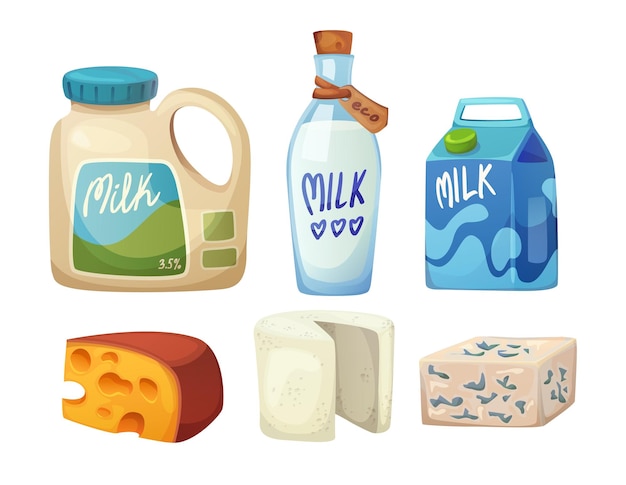 Icono vectorial de dibujos animados de paquetes de leche y queso