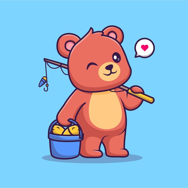 El icono vectorial de dibujos animados de peces de pesca de oso lindo Ilustración del icono de alimentos para animales Concepto de plano aislado