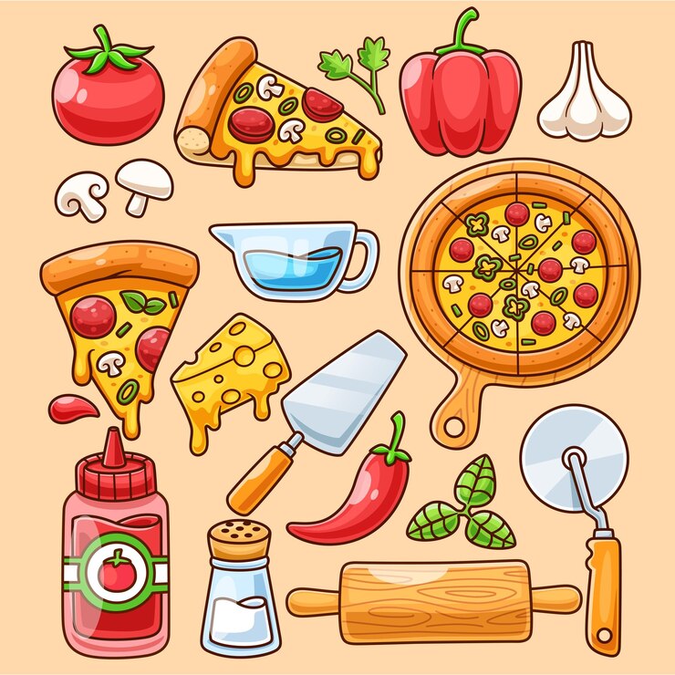 Vector gratuito el icono vectorial de dibujos animados de pizza set ilustración del icono de objeto de alimentos vector plano aislado