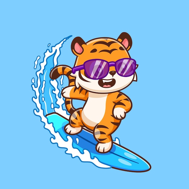 El icono vectorial de dibujos animados de surf de tigre lindo Ilustración del icono deportivo de animales Vector plano aislado