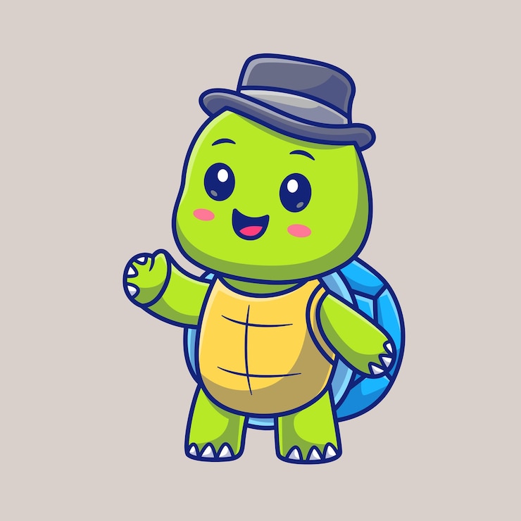 Vector gratuito icono vectorial de dibujos animados con una tortuga linda con sombrero ilustración icono comercial de animales vector plano aislado
