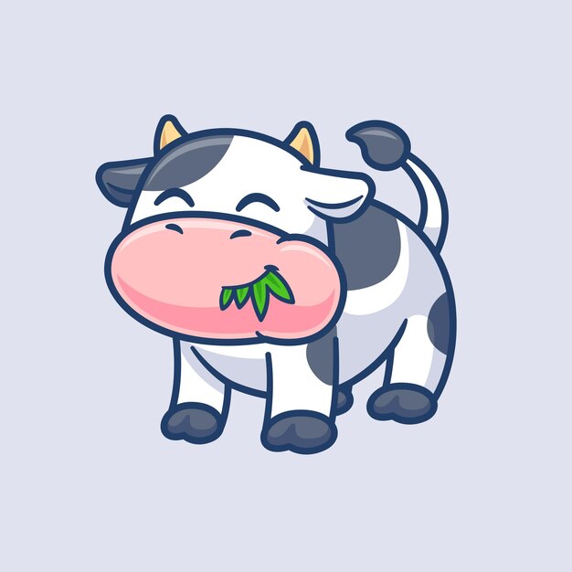 Icono vectorial de dibujos animados de vacas lindas que comen hierba Ilustración Icono de naturaleza animal Vector plano aislado