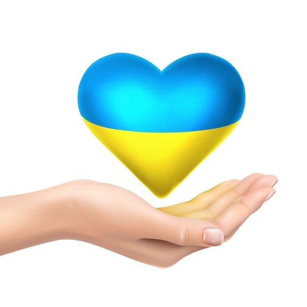 icono vectorial realista Sin concepto de guerra Bandera ucraniana en forma de corazón Corazón sosteniendo la mano Isol