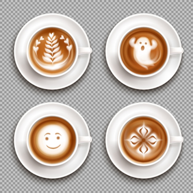 Vector gratuito icono de vista superior de arte latte coloreado con arte en tazas e ilustración transparente