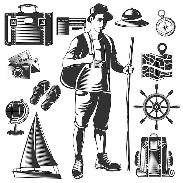 Icono de wanderlust vintage negro con viajero y su equipaje aislado
