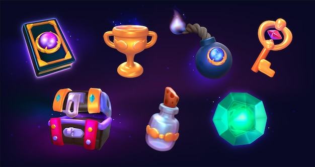 Iconos de accesorios de juego anillo dorado y copa ganadora bomba libro mágico cofre del tesoro de cristal brillante y botella de poción Elementos de diseño de gui antiguo Premio de interfaz de interfaz de usuario con objetos 2d conjunto de dibujos animados vectoriales