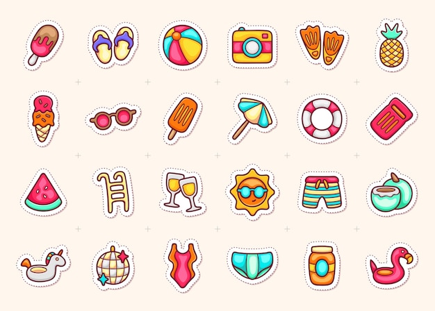 Iconos de adhesivos de fiestas vector de coloreo de doodle de piscina