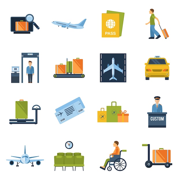 Vector gratuito iconos de aeropuerto planos