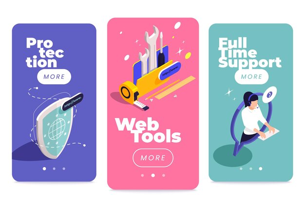 Iconos de alojamiento web conjunto isométrico de tres banners de aplicaciones móviles verticales con botones y cambios de página ilustración vectorial