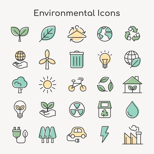 Iconos ambientales para negocios en conjunto de línea simple verde