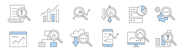 Iconos de análisis de datos, investigación de información empresarial, financiera o científica. juego de garabatos vectoriales con gráficos, diagramas en la pantalla de la computadora, lupa, equipo y documento