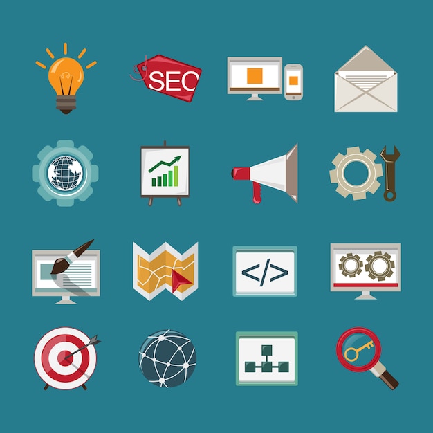 Iconos de análisis de optimización de sitio web de computadora móvil SEO conjunto aislados